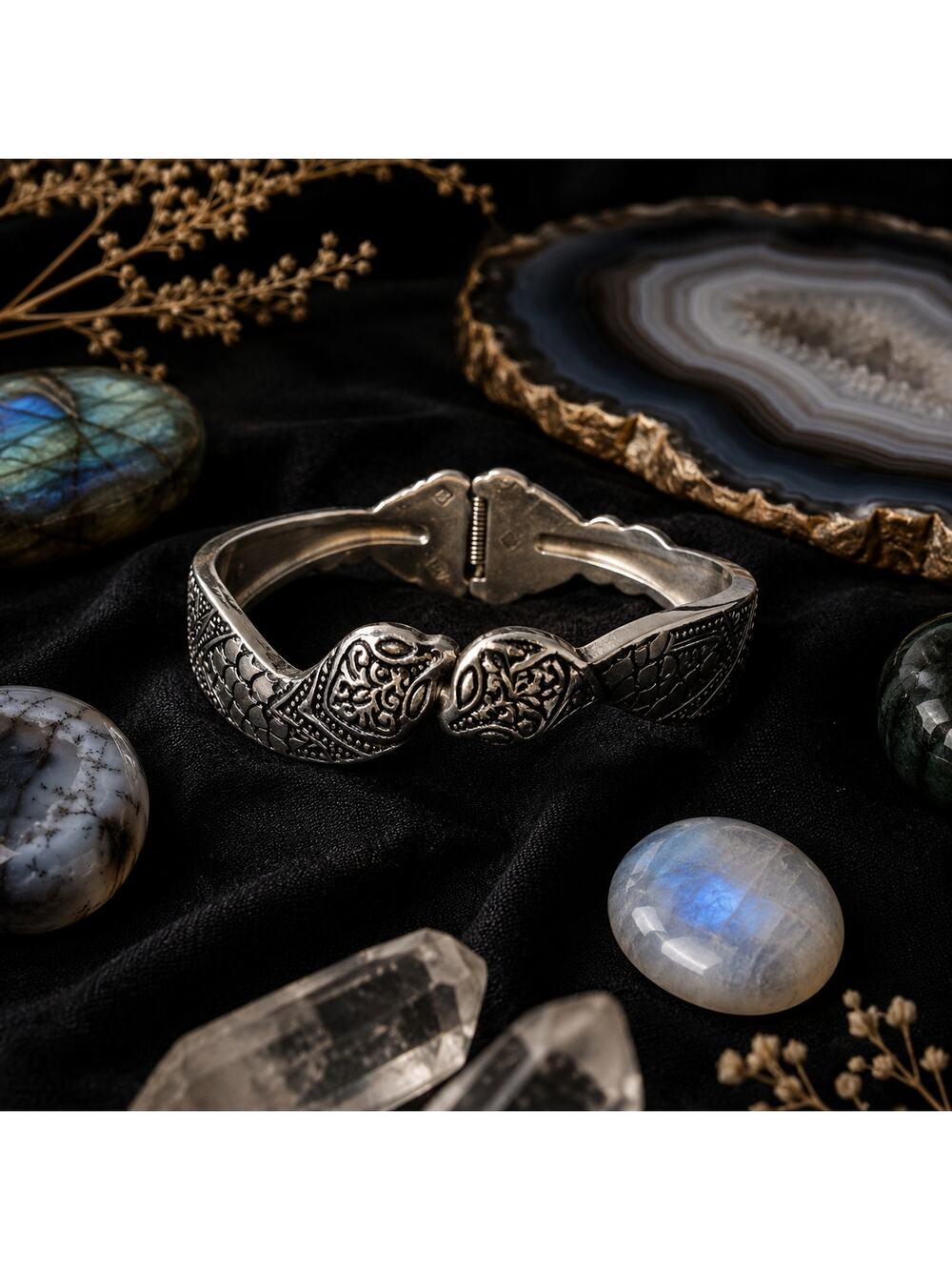 Silver Tone Snake Hinged Cuff Bracelet Boho Gothic Statement